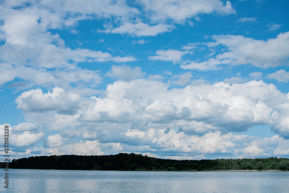 white clouds on a blue sky on a Sunny summer day forest shore