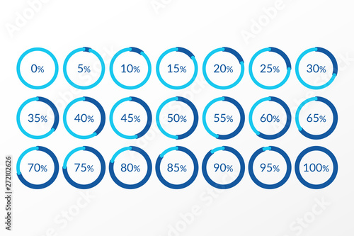 Percentage vector infographics. 0 5 10 15 20 25 30 35 40 45 50 55 60 65 70 75 80 85 90 95 100 percent pie chart symbols. Isolated circle icons for business, download, web design
