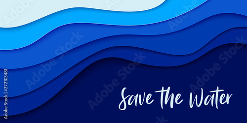 World Oceans Day banner, poster template. Deep blue sea waves paper cut style. Vector illustration EPS 10.