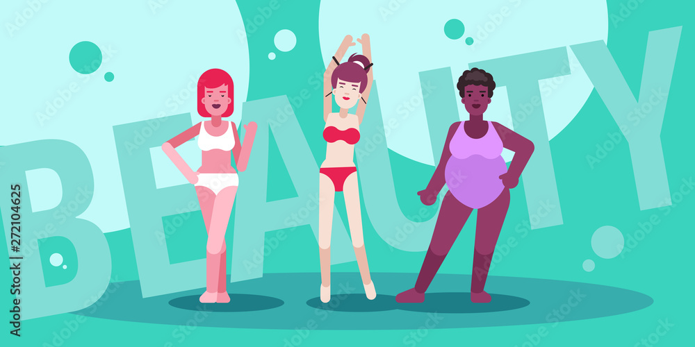 Colourful illustration of female beauty, ages and body types Colourful illustration of female beauty, ages and body types