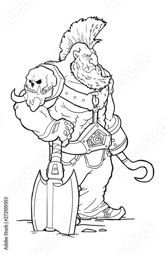 strong hero, vector image of fantasy dwarf coloring book