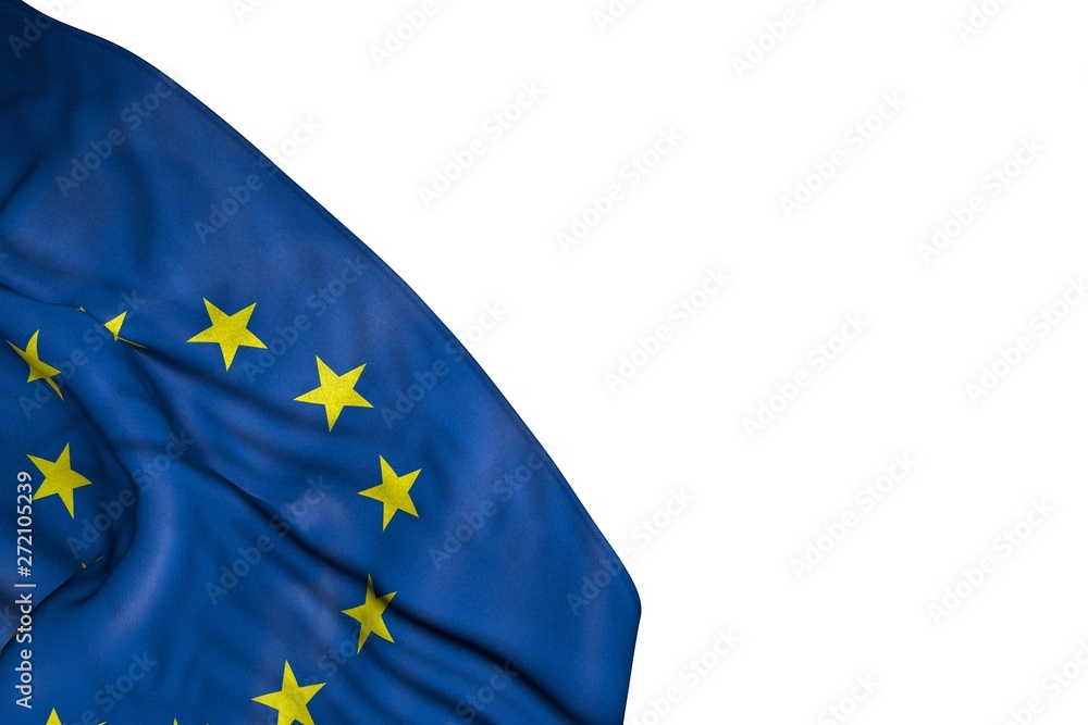 pretty European Union flag with big folds lying in bottom left corner isolated on white - any holiday flag 3d illustration.. pretty European Union flag with big folds lying in bottom left corner isolated on white - any holiday flag 3d illustration..