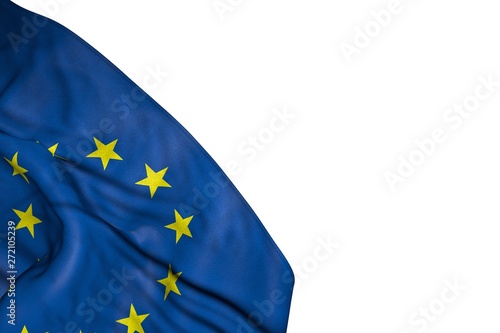 pretty European Union flag with big folds lying in bottom left corner isolated on white - any holiday flag 3d illustration..