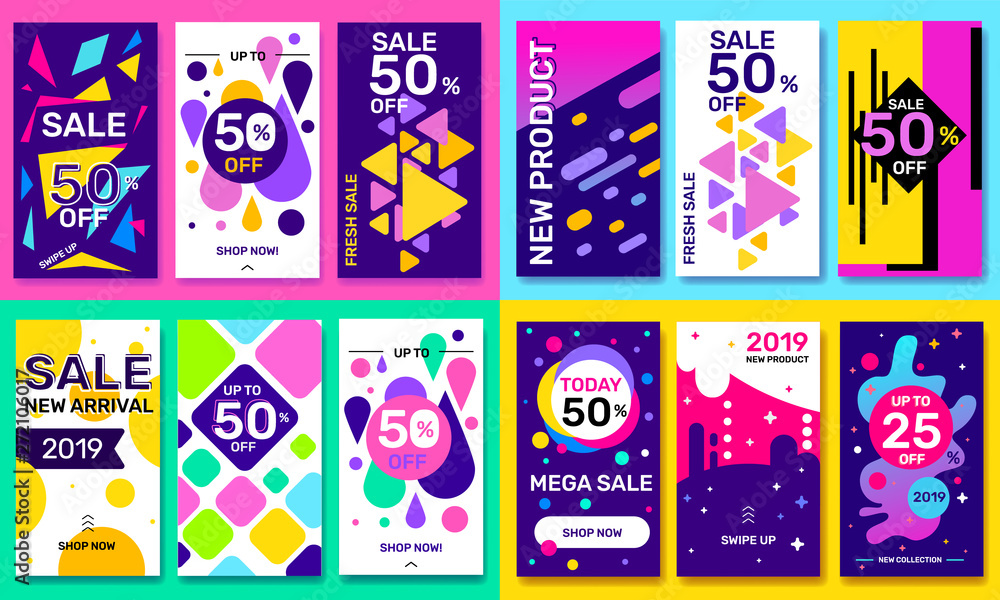 Vector big bundle of fashion template instagram story with bright abstract elements on color background.