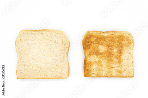 Two bread slices isolated on white background. One toast. 