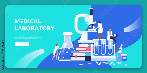 Medical laboratory research with microscope, science glass test tube, books and pills.
