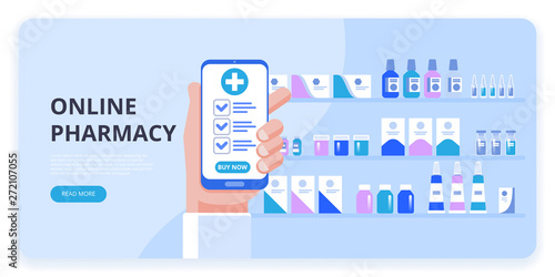 Hand holding smartphone buy online medicine. The concept of online pharmacy