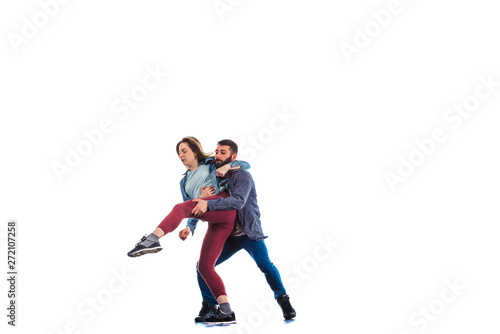 Woman and man exercising isolated on white background
