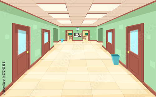 Empty corridor with closed and open doors. The interior of the school, college or university. Education concept.