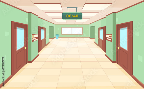 Empty corridor with closed doors and windows. Interior large hallway school, college or university. Education concept.