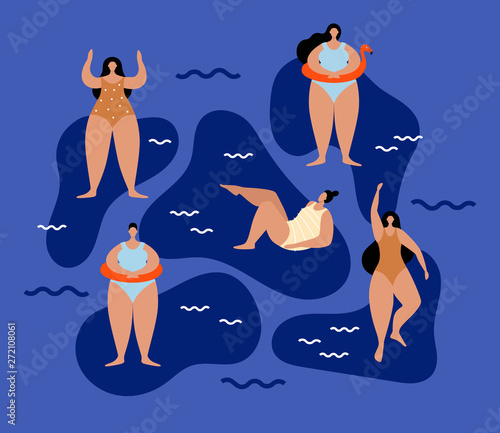 Cute girls relax by the water and spend their leisure time in the fresh air. Young girls in bathing suits sunbathe and swim. Summer vacation on the beach. Vector illustration in trendy flat style.