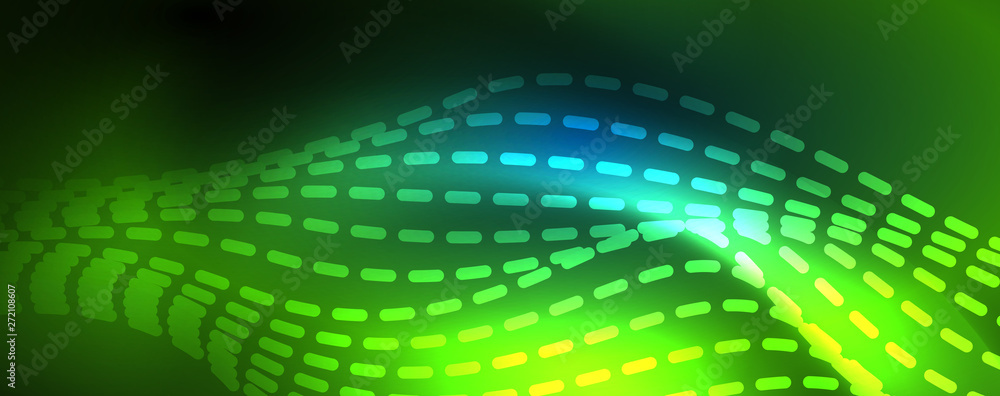 Obraz premium Smooth wave lines on blue neon color light background. Glowing abstract wave on dark, shiny motion, magic space light