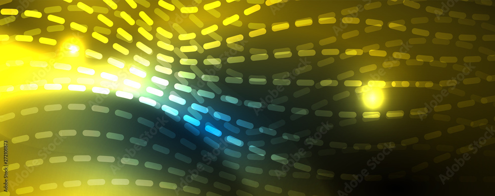 Smooth wave lines on blue neon color light background. Glowing abstract wave on dark, shiny motion, magic space light