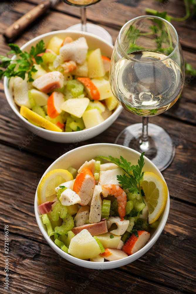 salad with seafood, potato and celery salad with seafood, potato and celery