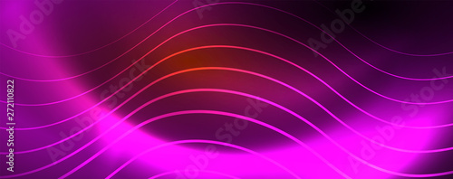 Bright neon circles and wave lines, glowing shiny background design template, digital techno concept.