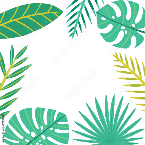 Tropical frame vector illustration. Green plants, exotic leaves, banana leaf, areca palm, botany, flora. place for your text. White background isolated. Wedding invitation or card design