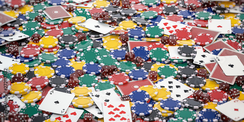 Casino chips, dice and poker cards background.