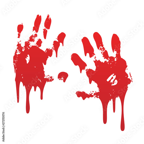 Bloody hand print set isolated white background. Horror scary blood handprint, fingerprint. Red palm, fingers, stain, splatter, streams. Symbol horror zombie, murder, violence. Vector illustration