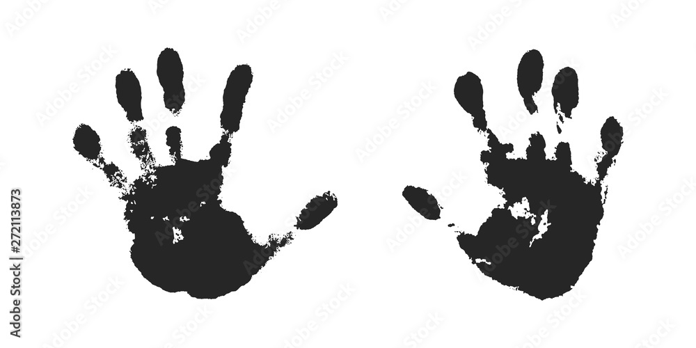 Hand print set isolated on white background. Black paint human hands. Silhouette child, kid, young people handprint. Stamp fingers and palm shape. Abstract design. Grunge texture. Vector illustration Hand print set isolated on white background. Black paint human hands. Silhouette child, kid, young people handprint. Stamp fingers and palm shape. Abstract design. Grunge texture. Vector illustration