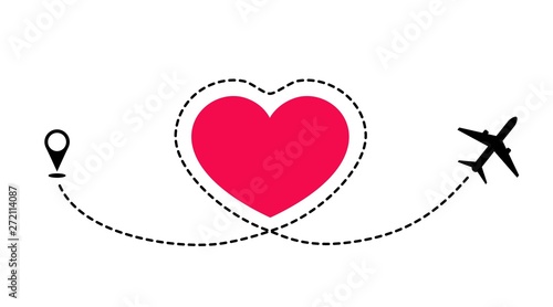 The route of the newlyweds departing on a romantic plane trip. The route and traces of the aircraft.