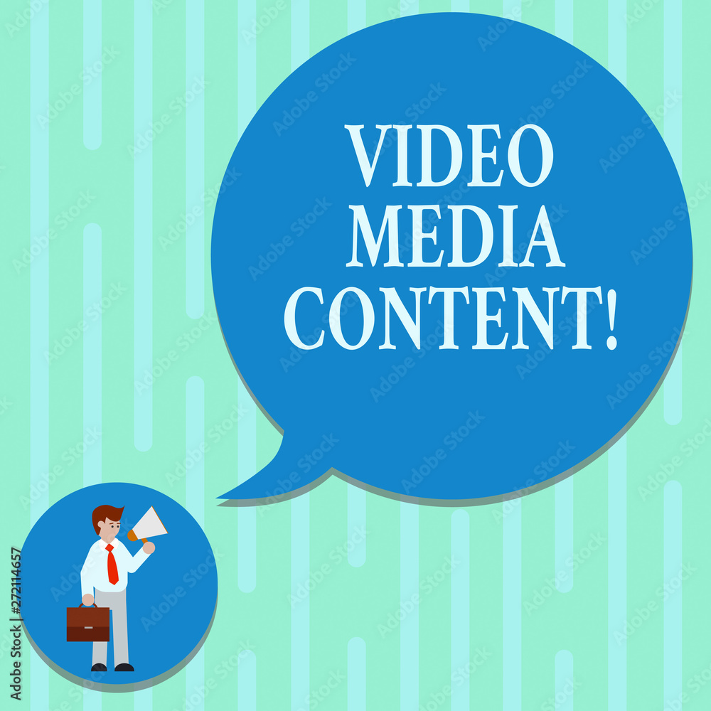 Word writing text Video Media Content. Business concept for images and audio used to communicate brand message Man in Necktie Carrying Briefcase Holding Megaphone Blank Speech Bubble Word writing text Video Media Content. Business concept for images and audio used to communicate brand message Man in Necktie Carrying Briefcase Holding Megaphone Blank Speech Bubble