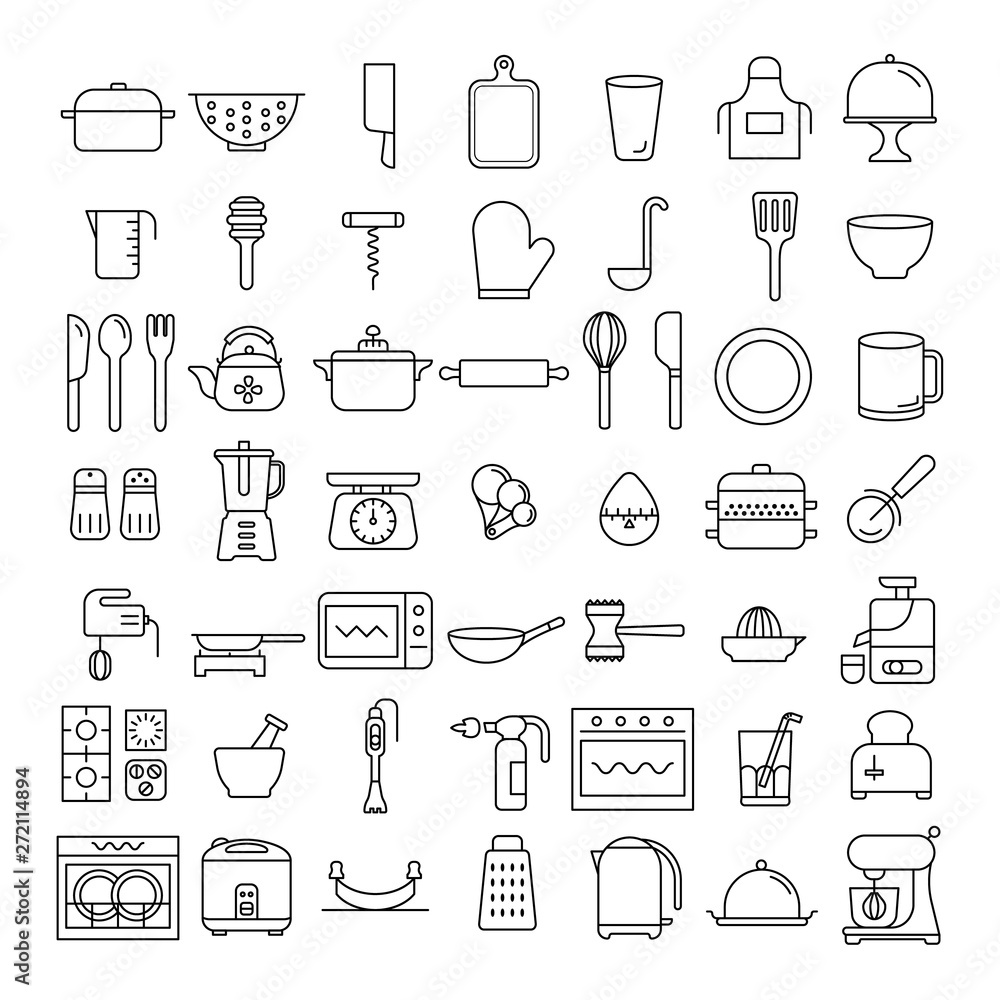 Naklejka premium 52 icons set of kitchenware, home appliance symbol, sign, flat design, thin line design element, kitchen tools, business
