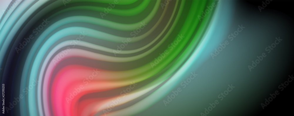 Obraz premium Modern rainbow liquid color flow colorful poster. Wave Liquid shape in black color background. Abstract composition