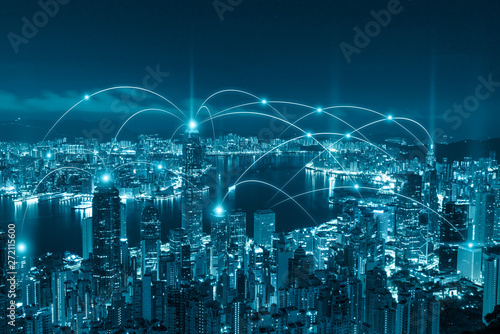 blue tone city scape and network connection concept.Business networking connection concept and Wi-Fi in city. Technology communication, The wireless communication , High Speed Internet