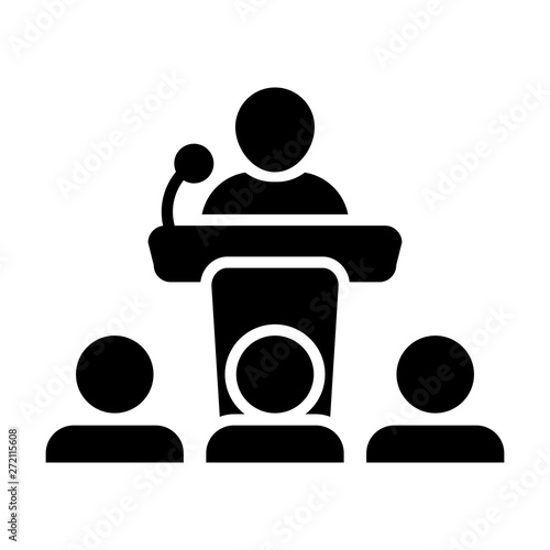 Leadership icon vector male person on podium symbol for business presentation and seminar with microphone in glyph pictogram illustration