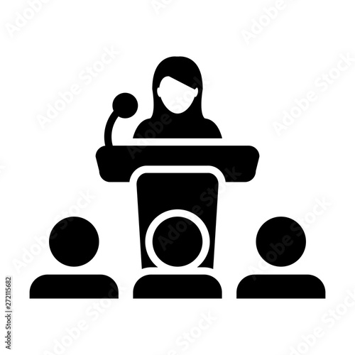 Leadership icon vector female person on podium symbol for business presentation and seminar with microphone in glyph pictogram illustration
