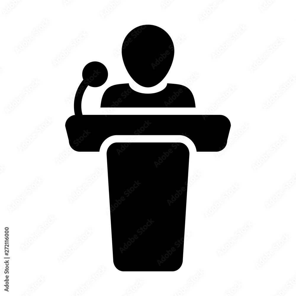 Conference icon vector male person on podium symbol for business meeting with microphone in glyph pictogram illustration - obrazy, fototapety, plakaty 