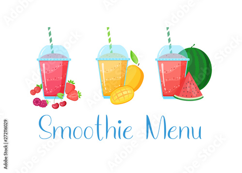 Vegeterian smoothie shake cocktail collection vector illustration. Set of glass with layers of sweet vitamin juice cocktail or protein shake with fresh fruits isolated on white background