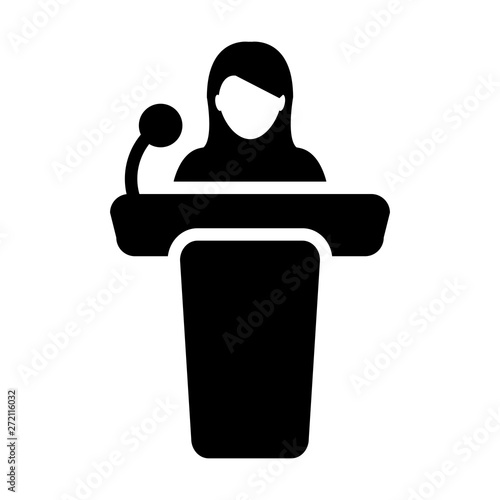 Seminar icon vector female person on podium symbol for public speech with microphone in glyph pictogram illustration