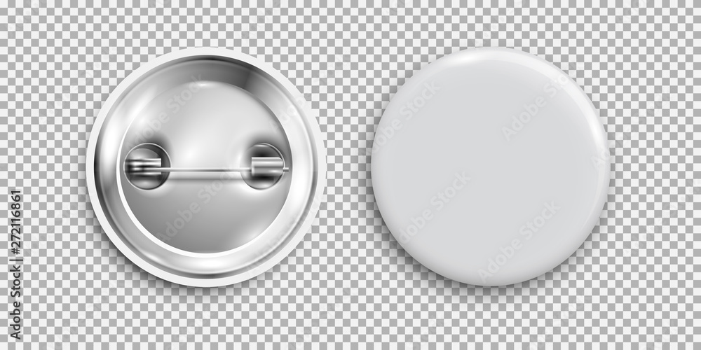 Blank badge, 3d white round button, pin button isolated Blank badge, 3d white round button, pin button isolated