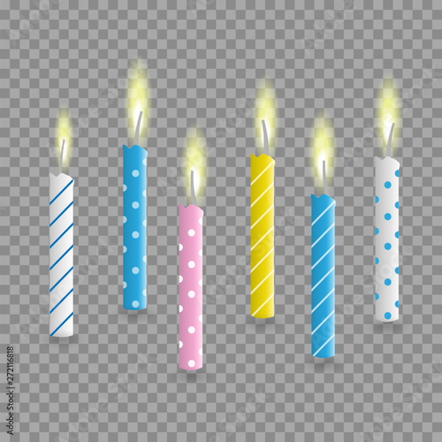 Birthday cake candles realistic, vector set, isolated with transparent burning flame