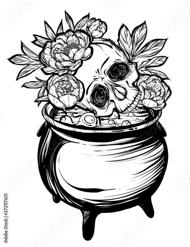 Vector illustration. Halloween. The Witch's Cauldron, Skull with peonies. Handmade, prints on T-shirts, background white, tattoos