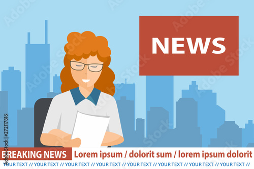 Anchorwoman on tv broadcast news. Breaking News vector illustration. Media on television concept. Flat vector illustration