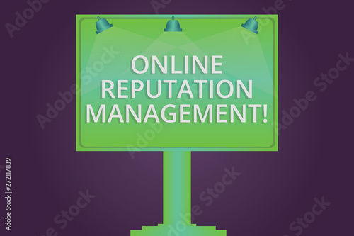 Writing note showing Online Reputation Management. Business photo showcasing taking control of the online conversation Blank Lamp Lighted Color Signage Outdoor Ads photo Mounted on One Leg