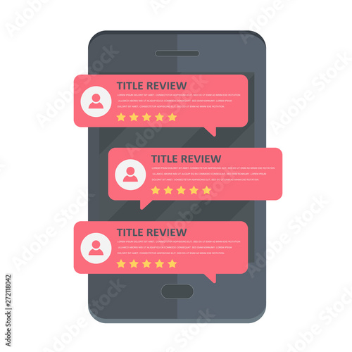 Concept of feedback, testimonials messages and notifications. Speech bubbles on mobile phone with review rating, flat style smart phone reviews stars with good and bad rate and text. Flat vector.