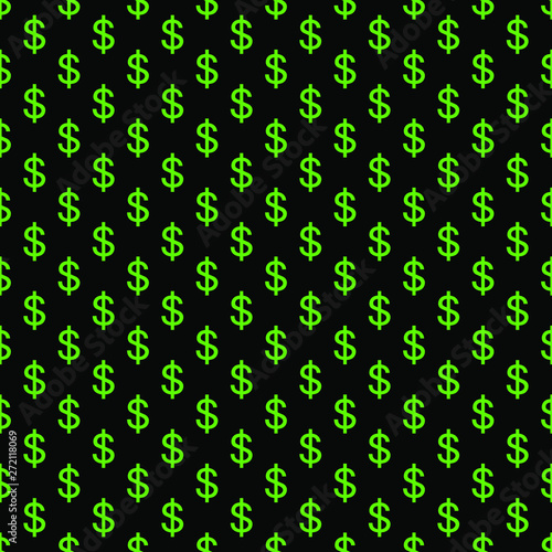 Green Dollar sign Vector illustration seamless pattern on black background.