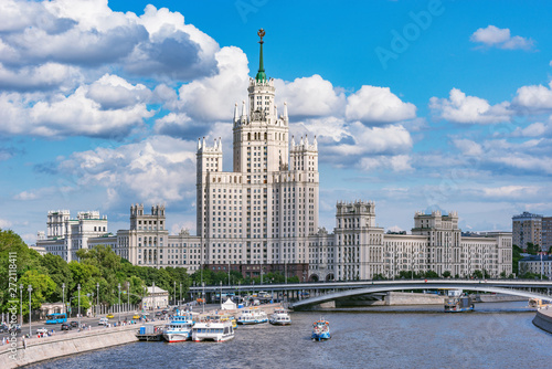 Retro skyscraper on Kotelnicheskaya embankment by Moscow river at summer day time. Moscow. Russia. photo