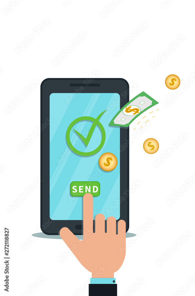 Send money online with mobile app. Digital wallet. Electronic banking. Flat smartphone with check mark and hand finger push send button. Concept of online payment system. Successful bank transaction Send money online with mobile app. Digital wallet. Electronic banking. Flat smartphone with check mark and hand finger push send button. Concept of online payment system. Successful bank transaction