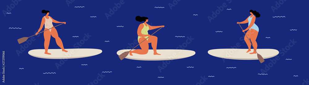 Set of plump girls in swimsuits on board for sup surfing. Surfers ride waves, stand, swim in sea. Trendy types of water activities in summer. Vector illustration in flat style on isolated background.