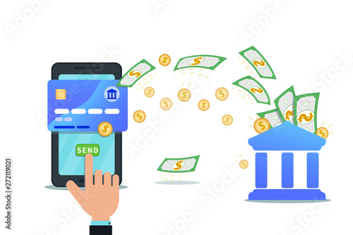 Electronic banking with mobile app and nfc credit card.  Hand finger click send button on smartphone screen. Send money online payment concept. Money transfer. Currency exchange