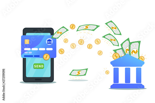 Online money transfer to bank account with mobile wallet app. Savings account. Electronic banking. Flat design of smartphone with nfc credit card and send button on screen with cash flow. Vector.