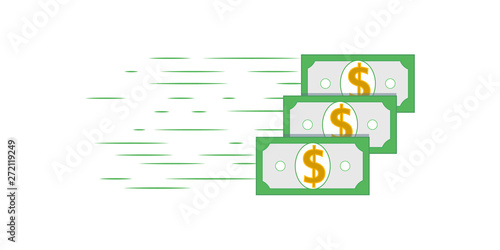 Flying dollar money cash icon isolated on white background. Banknotes design for online payment, bank transaction, fast money transfer, deposit and profit. Clipart. Vector illustration
