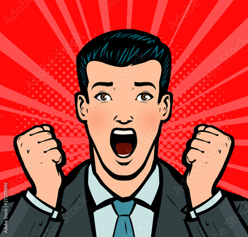 Businessman with open mouth in amazement. Business concept in pop art retro comic style. Cartoon vector illustration