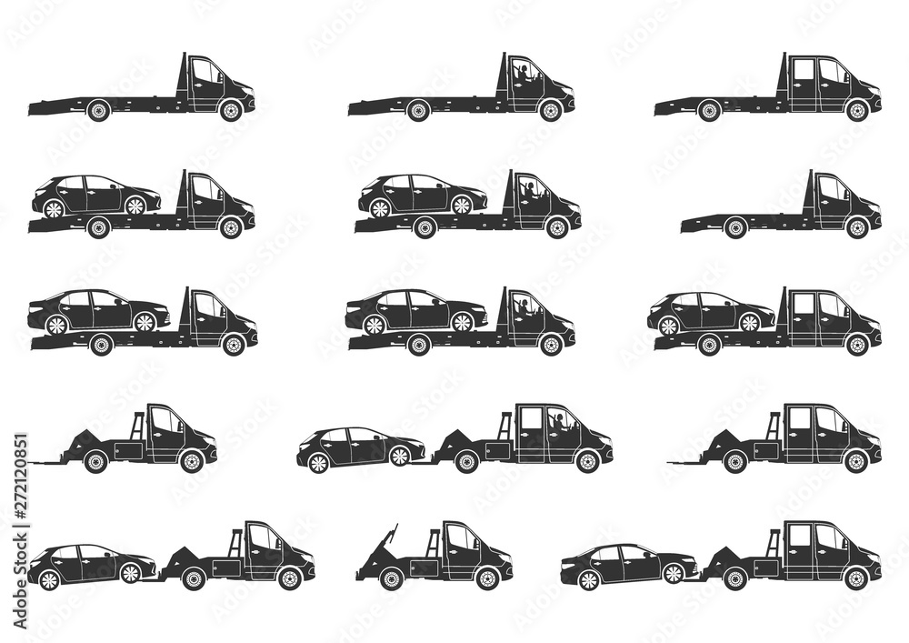 Tow truck and wrecker silhouettes. Set of modern recovery vehicle with broken cars . Side view. Flat vector.