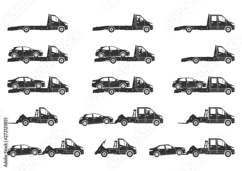 Tow truck and wrecker silhouettes. Set of modern recovery vehicle with broken cars . Side view. Flat vector.
