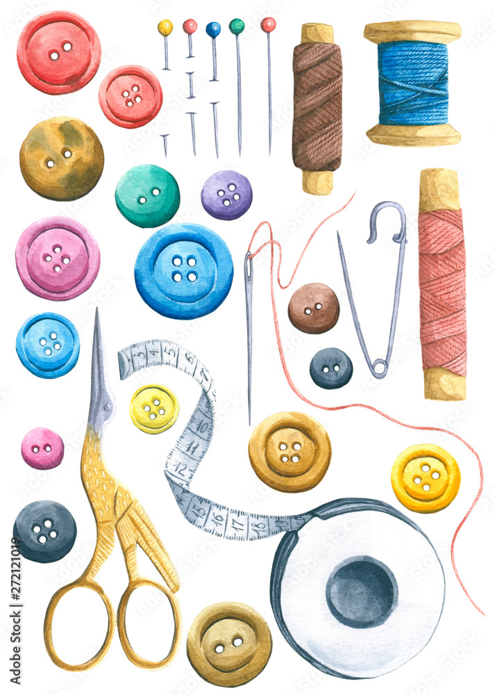 Sewing watercolor clipart, needlework ,sewing supplies